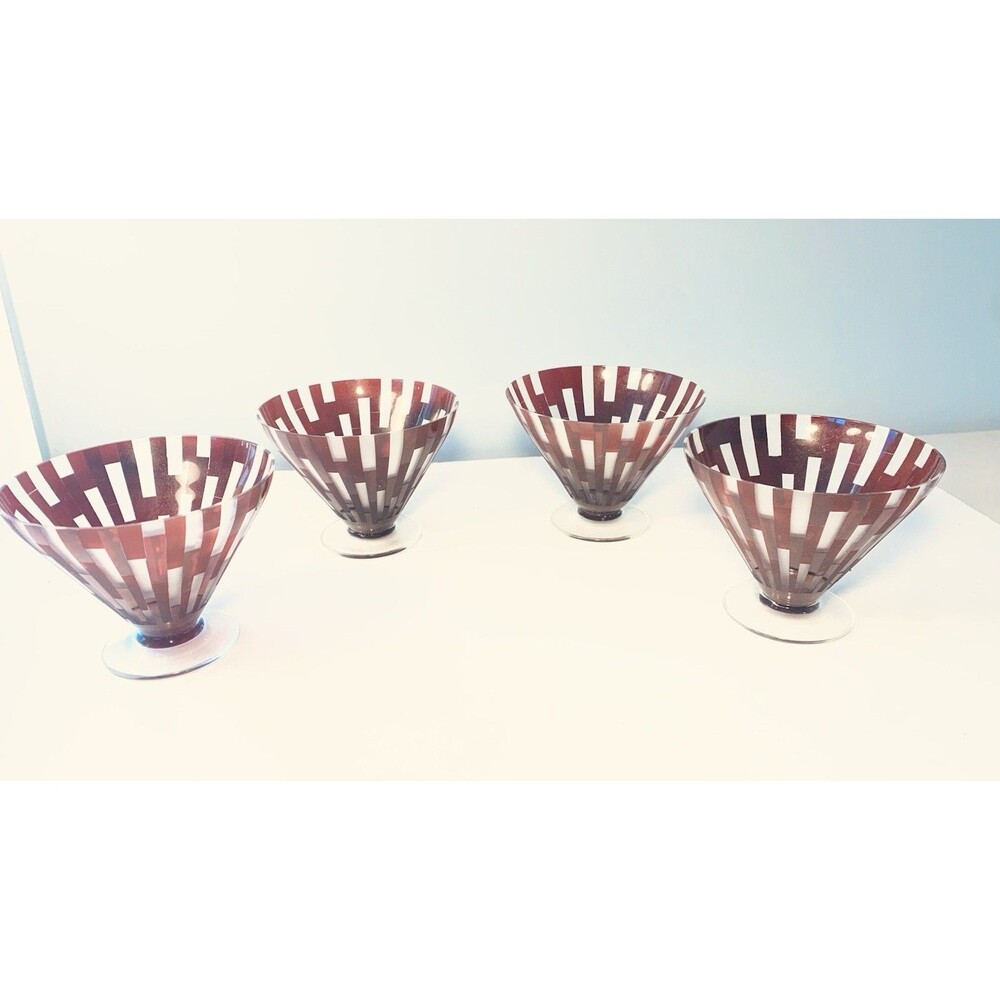 4 HAND BLOWN ART  Glass Italian INCALMO Caned Stripe Red Clear Bowls Murano